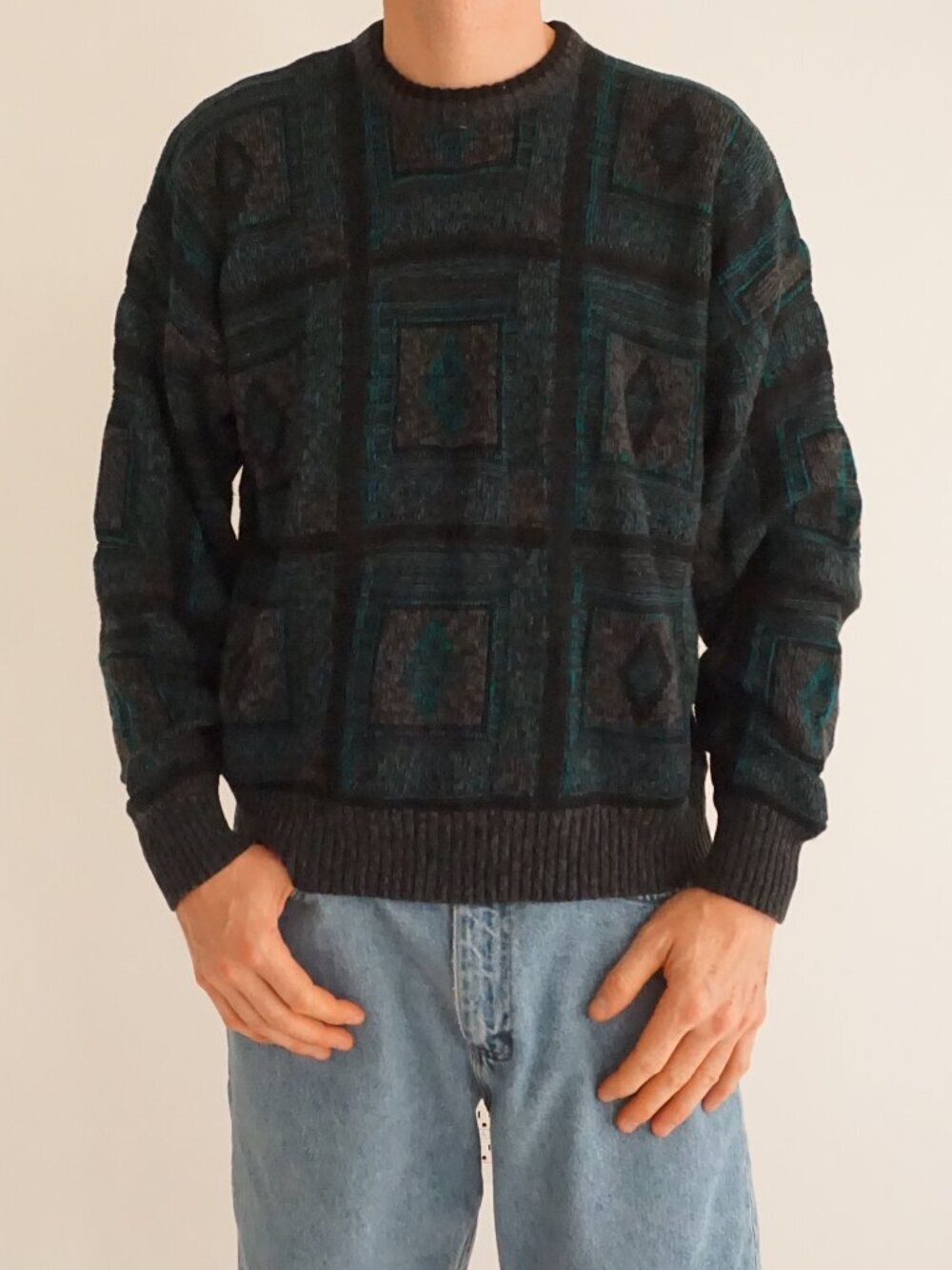 Vintage Todays News Black Teal Geometric Abstract Mosaic Designer Knit Sweater L